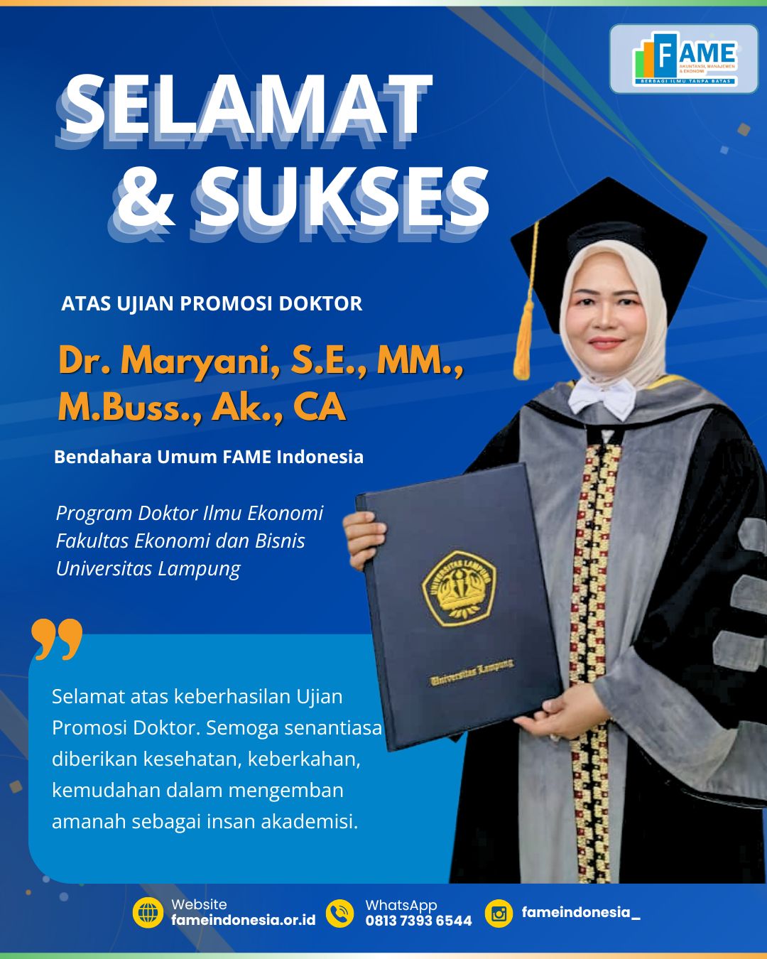 FAME Indonesia Sampaikan Selamat kepada Dr. Maryani atas Keberhasilan Ujian Promosi Doktor